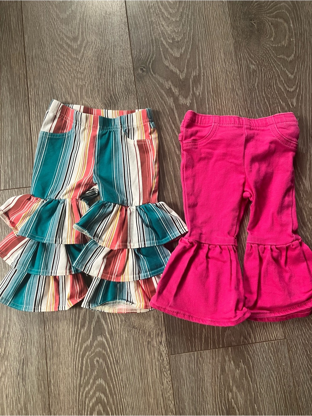 Wrangler Baby Girl Pink Ruffle Butt & Multi-Color Striped Ruffled Bell Bottoms